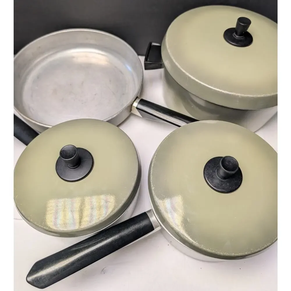 Vtg Kitchen Delight Avocado Cookware Aluminum 7pc Set USA Mid-Century 70s Retro